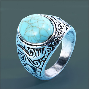 [RING] Blue Turquoises Stone 16mm オーバル ターコイズ ブルー ストーン ペイズリー 彫刻 ヴィンテージ シルバー 21mm リング 25号