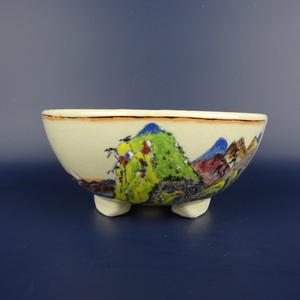 盆栽鉢 蝉山 小型 長辺 約14cm 丸鉢 色絵 風景 観賞用 現品 新品