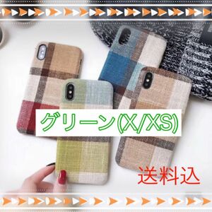 【送料込】オシャレチェック柄　iPhoneケース X XS 可愛い 　グリーン