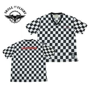 XLサイズ SKULL FLIGHT CALIFORNIA LINE チェッカーフラッグTシャツ コットン100％ 綿 Vネック 白×黒