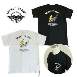 Sサイズ ブラック SKULL FLIGHT/スカルフライト/グラフィックプリント半袖Tシャツ/サイドジップ/雷/サンダー/SIDE ZIP TEE/綿100％