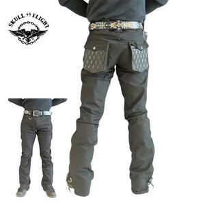 W33　SKULL FLIGHT　SS PANTS　Type２　ストレッチレザーポケットブーツカット（ブラック）