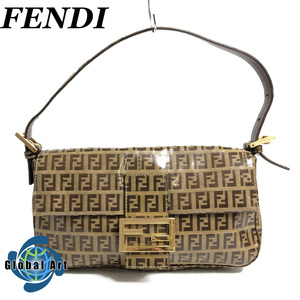 ●2D703/FENDI フェンディ/マンマバケット/ハンドバッグ/ズッキーノ柄/FFロゴ/ロゴプレート/エナメル/パテントレザー/ベージュ/ブラウン/茶