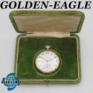 え03067【金無垢 18K 総重量 約43.1g】GOLDEN-EAGLE ゴールデンイーグル/手巻き/懐中時計/オープンフェイス/16石/スモセコ/数字/箱付 の画像1