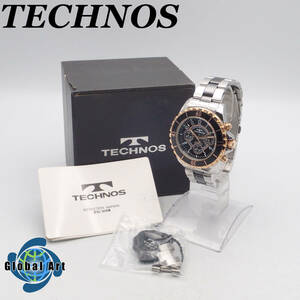 え03141【美品】TECHNOS テクノス/クオーツ/メンズ腕時計/クロノグラフ/数字/文字盤 ブラック/T3013/箱・説明書・保証書・付属品付