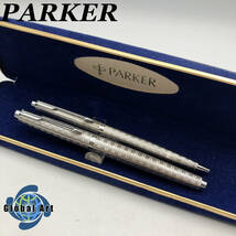 ★E03488/PARKER パーカー/万年筆/ボールペン/ペン先 585 F/シルバー/ケース付_画像1