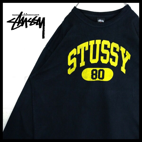 【STUSSY】カレッジロゴ　ビッグシルエット　ロンT 　ネイビー×イエロー