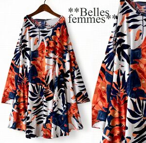 ★Belles*★送料185円★新品M～L対応★*春チュニック*とろみ感のAラインシルエット*たっぷり長め丈フレアチュニック2423272オレンジ*ミセス