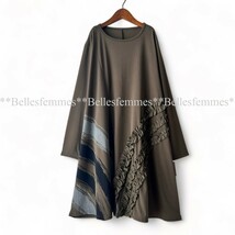 ★Belles*★新品★春*大人女性のモードなチュニックワンピ★大人可愛いフリル*刷毛目ペイント*体型カバー*548カーキ*送料185円★M～L_画像4