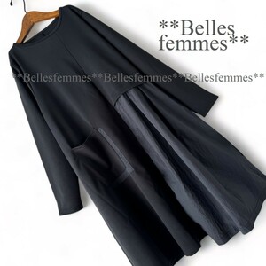 ★Belles*★送料185円★新品M～L対応★春★ナイロン切り替え*モードなポケットデザイン*たっぷり長め丈チュニックワンピース*383黒