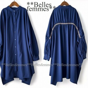 ★Belles*★新品★*送料185円*春モード*M~L/LLの方も*ドルマンたっぷり長め丈*後ろギャザーチュニックブラウス*582*ネイビー★羽織り