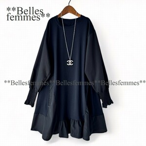 ★Belles*★送料185円★新品M～L対応★*大人可愛い*ボリューム袖とフレアデザイン*たっぷり長め丈チュニックワンピース*590黒×黒