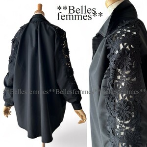 ★Belles*★新品*送料185円*今すぐ着られる春*重ね着*上品セレブチュニック*繊細なモチーフレース*ゆったりブラウス*588*黒*M～L/LL/XL