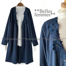 ★Belles*★送料185円★新品★フラワーモチーフ*上品で大人可愛い*ロングカーディガン*膝丈カーディガン*5407ネイビー*M～L*ミセス_画像1