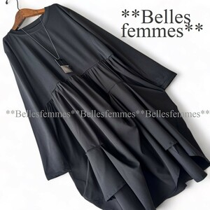 ★Belles*★送料185円★新品M～L対応★*春チュニック*たっぷりギャザーと個性派タックデザイン*異素材切替ふんわりチュニック*554ブラック