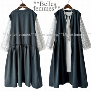 ★Belles*★新品M～L★送料185円*たっぷりギャザー*前ボタンロングベスト*ジャンスカやワンピースにも*ゆったり*ポケット付*595モスグレー