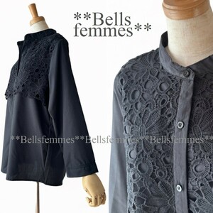 ★新品★*送料185円★*前後レース重ねデザイン*バンドカラー*チュニックブラウス*★Belles*180929ブラック*M～L*インナーブラウス*ミセス*