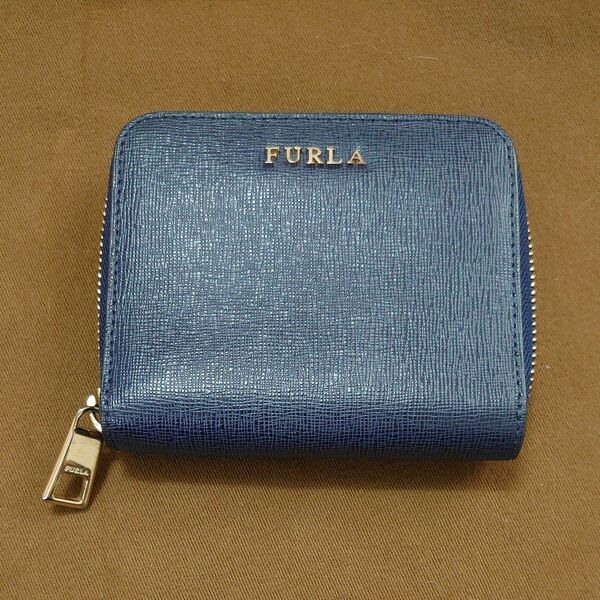 【美品】FURLA フルラ 財布 ミニ財布 ミニ コンパクトウォレット ラウンドファスナー ロゴ レザー ネイビー ゴールド金具