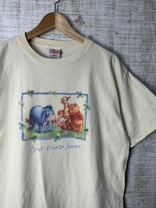 ☆US古着 Disney ディズニー POOH プーさん キャラクター プリント Tシャツ クリーム色黄色イエロー【L】コットン　　　　　　　◆4447◆