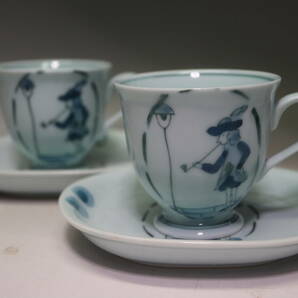 有田焼 百合型コーヒー 碗皿 南蛮人 異人柄 手描き 染付 藍色の画像2