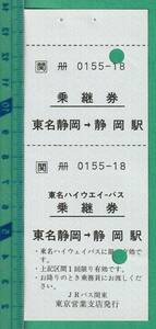 バス軟券切符115■東名ハイウェイ・バス 乗継券 東名静岡→静岡駅 ★JRバス関東 東京営業支店発行