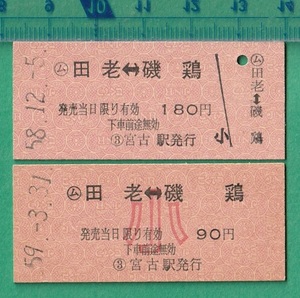 鉄道硬券切符24■○ム田老⇔磯鶏 180円/90円小 2枚 ★昭和58年/59年