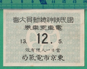 戦前鉄道軟券切符84■東京市電気局 / 国民精神総動員大会 電車乗車券 