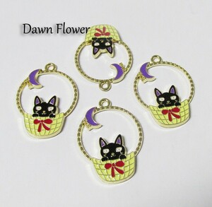 【D-0540】5pcs　籠に入った黒猫　32×24mm　ブラック　チャーム