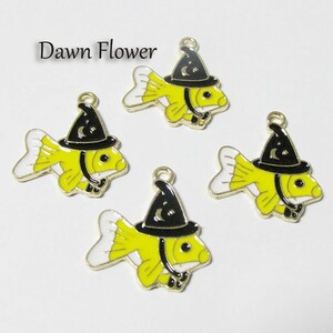 【D-0549】5pcs　ハロウィン帽子の魚　24×20mm　イエロー　チャーム　ハンドメイドパーツ