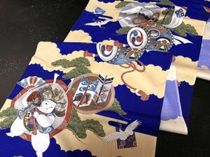 【古布＊縮緬＊和素材】正絹平絹＊兜御所人形、富士に太鼓、鶴、36ｘ190＊手作り＊市松人形＊パッチワーク＊縮緬細工＊雛節句＊昭和レトロ