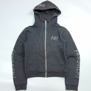 00s Y2K STUSSY ステューシー 袖ロゴプリントジップアップショートスウェットパーカー S ブラック レディース