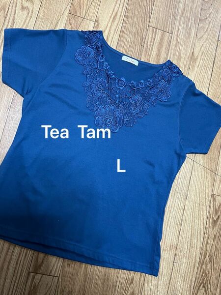 Tea Tam 刺繍付き　半袖シャツ　ネイビー　L