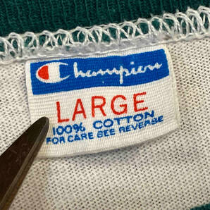 Champion 70s 80s バータグ後期 染み込み 3段 USA製 リンガーシャツ グリーン 半袖 サイズL チャンピオンの画像3