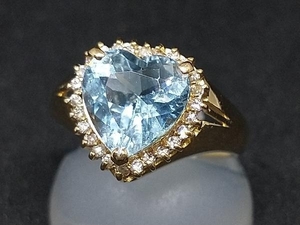 K18 ハートモチーフ リング ブルー カラーストーン ダイヤモンド 11号 3.9g 18K YG 18金 ゴールド 指輪 水色石 店舗受取可