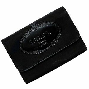 プラダ 三つ折り 財布 ブラック NERO コンパクト ナイロン レザー 中古 PRADA ホック ロゴ ブランド財布