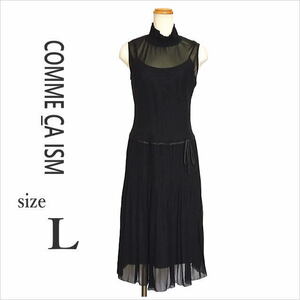 〈COMME CA ISM〉黒ハイネックシフォンプリーツ入りワンピース ノースリーブ 上品 コムサイズム ファイブフォックス L ☆送料込み