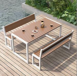  garden table 3 point set outdoors dining table . bench set metal frame plastic. wooden. table top waterproof . enduring sunlight .