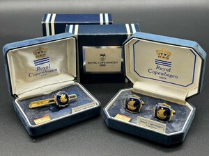 ★Royal Copenhagen SWANK ロイヤルコペンハーゲン ポーセリン タイピン カフス 2点まとめ 帆船 ゴールドカラー ファッション 小物 S265