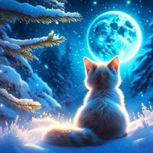 新品ダイヤモンドアート20×20　青い月夜の可愛い子猫さん　月とネコ　作成キット