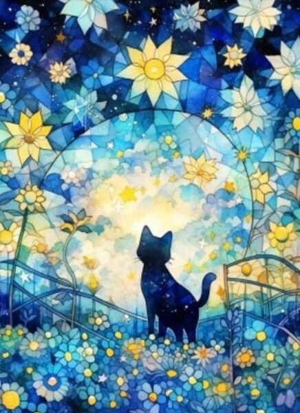 新品ダイヤモンドアート20×30　美しい花畑のネコさん　黒猫　子猫　碧海　花海　星空　作成キット　ラスト１点