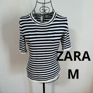 ZARA ザラ　ボーダー半袖ニット　M ネイビー