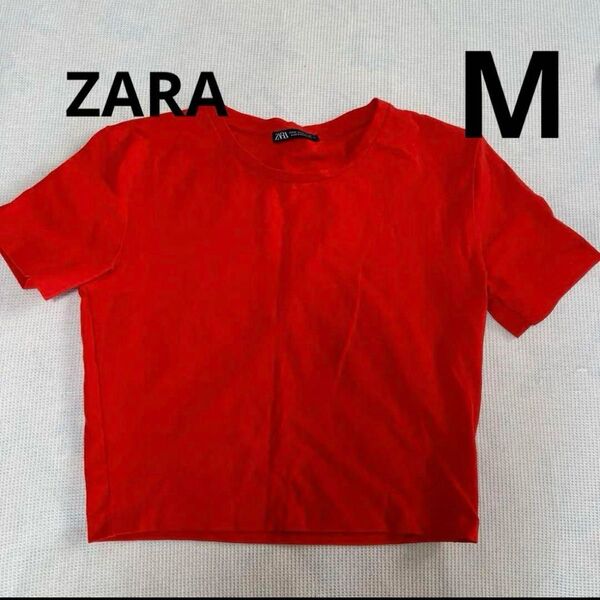 ZARA ザラ　ショート丈半袖Tシャツ レッド　M