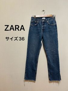 ZARA ザラ　ミッドライズスプリットストレートジ ーンズ サイズ36 デニム　インディゴ　ダメージデニム　裾スリット