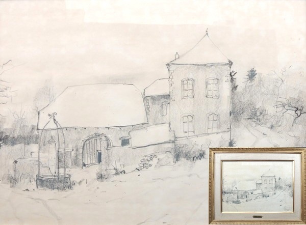 Authentic/Bernard Gantner/ Snowy House /Pencil drawing/No. 8/Framed/Drawing/Sketch/1976/Shared frame/Painting/Landscape/Artwork by artist/Artwork, Painting, Oil painting, Nature, Landscape painting