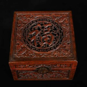花梨木彫刻 五福方箱 蓋箱 唐物 極細工 古置物 中国古美術 時代物