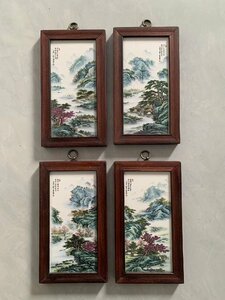 磁板絵 色絵磁器 山水画 花鳥絵 4枚セット 額付 唐物 中国古美術