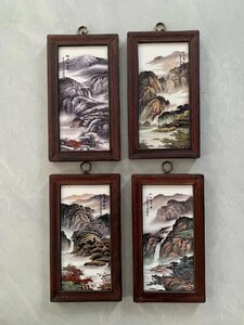 磁板絵 色絵磁器 山水画 花鳥絵 4枚セット 額付 唐物 中国古美術