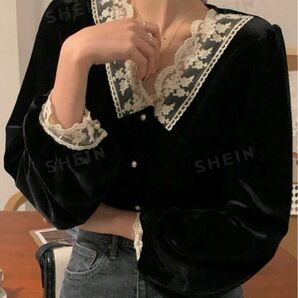 SHEIN トップス ベロア パール レース