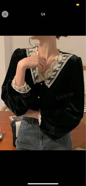 SHEIN トップス ベロア パール レース