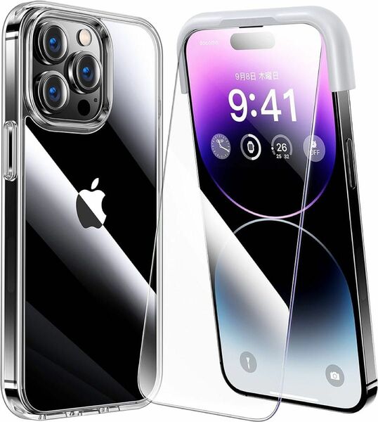 iPhone14ProMax用 耐黄変透明ケース HD強化ガラスフィルム